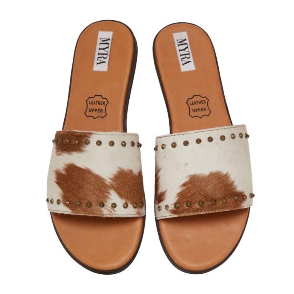 NWT Genuine Cowhide Studded Flats in Brown & White